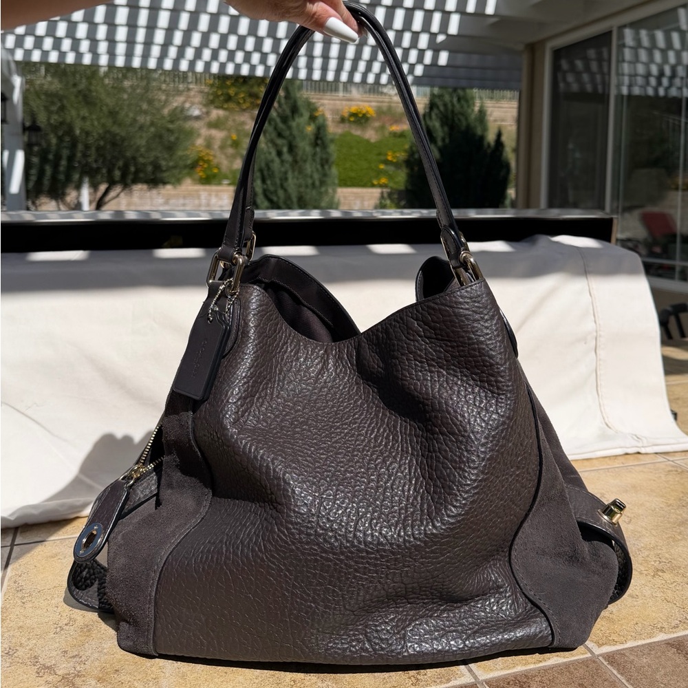 *SOLD* Coach Edie Dark Brown Gold Pebbled Leather Large Suede Hobo Slouchy Bag